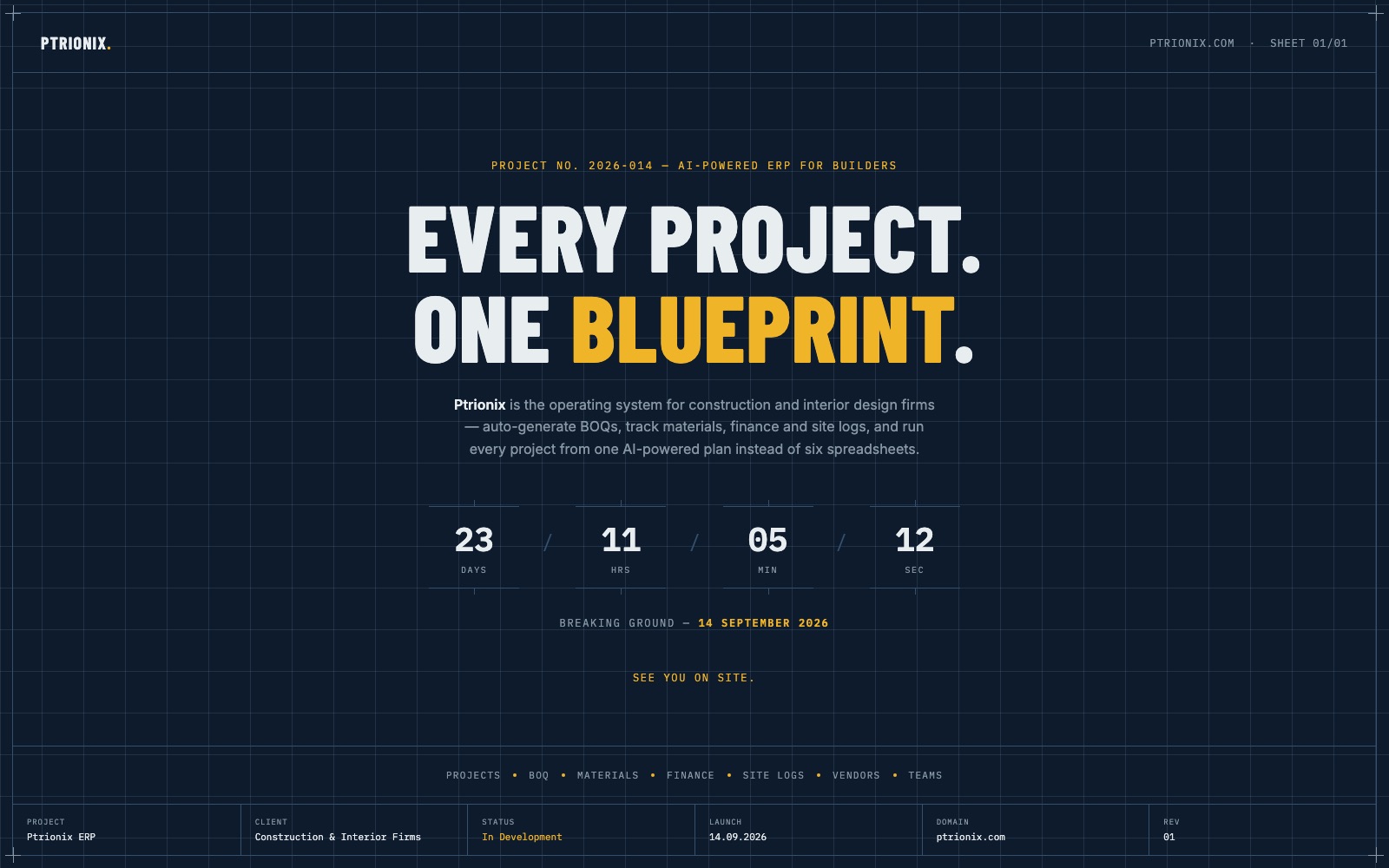 Ptrionix launch page — every project, one blueprint